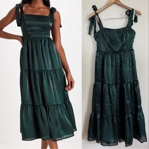 Desirable Darling Shiny Dark Green Organza Tie-Strap Midi Dress